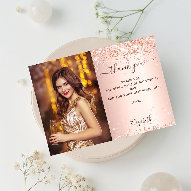 Birthday rose gold blush photo thank you card (Creator Uploaded)