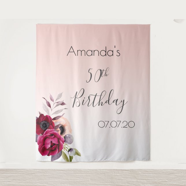 Birthday rose gold blush pink florals name tapestry (Front)