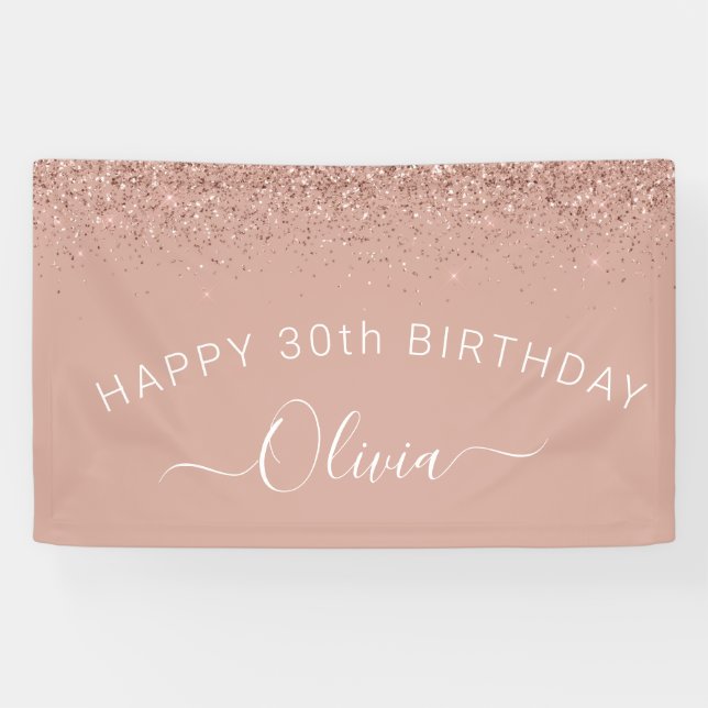 Birthday Rose Gold Blush Pink Glitter Girly Banner (Horizontal)