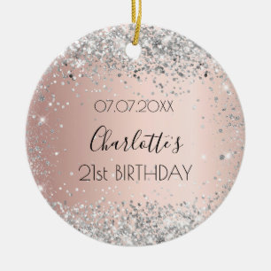 Birthday rose gold blush silver glitter name ceramic tree decoration