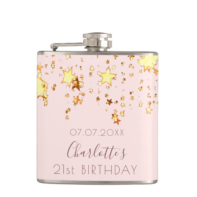Birthday rose gold blush stars name hip flask (Front)