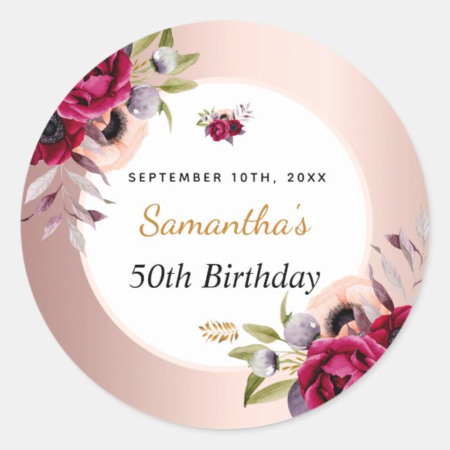 Birthday rose gold burgundy floral elegant classic round sticker (Front)