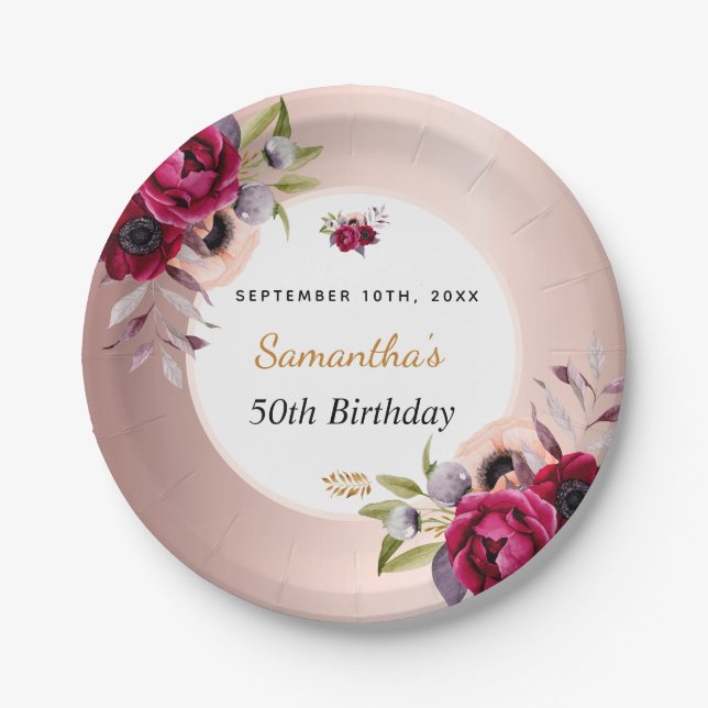 Birthday rose gold burgundy floral elegant paper plate (Front)