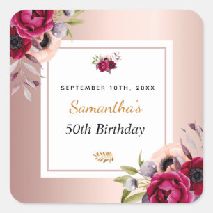 Birthday rose gold burgundy floral elegant square  square sticker