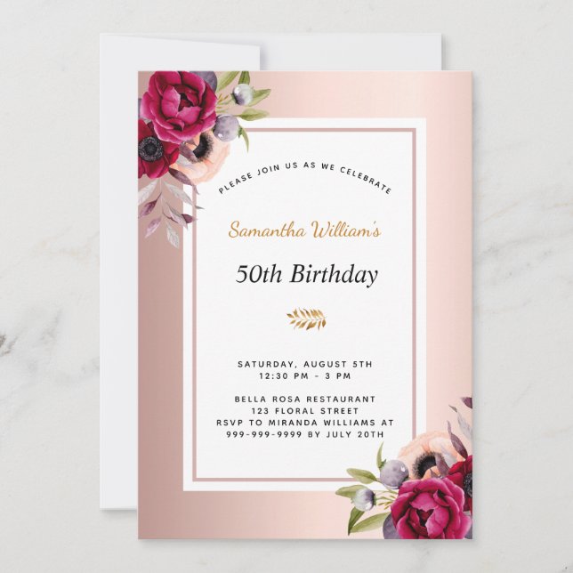 Birthday rose gold burgundy floral  invitation (Front)