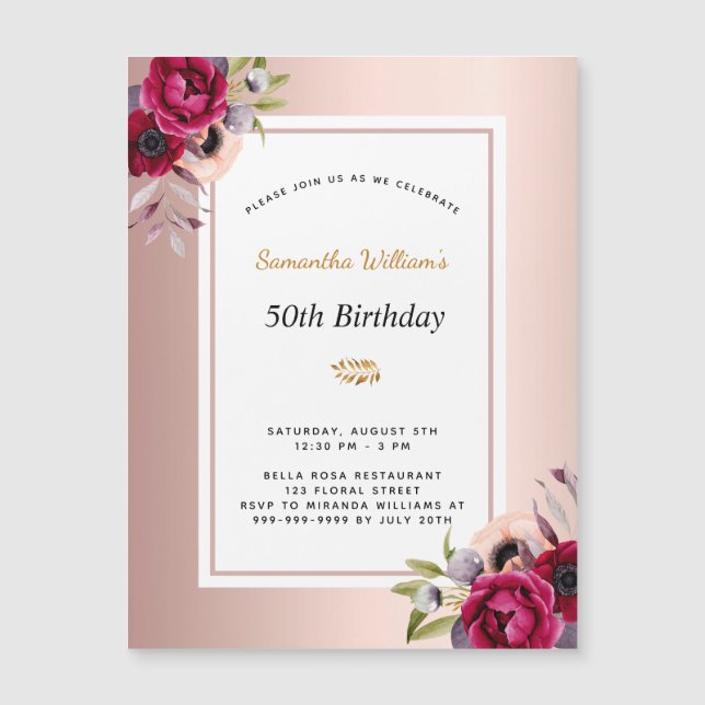 Birthday rose gold burgundy floral magnet (Front)