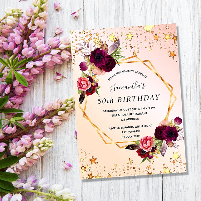 Birthday rose gold burgundy florals invitation postcard (Creator Uploaded)