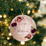 Birthday rose gold burgundy flowers drips ceramic tree decoration<br><div class="desc">An ornament for a girly and glamourous 21st (or any age) birthday. A rose gold gradient background with rose gold drips, paint dripping look. A faux gold geometric frame and watercolored flowers, florals in burgundy, pink and rose gold.Personalise and add a date, name and age 21. The text: The name...</div>