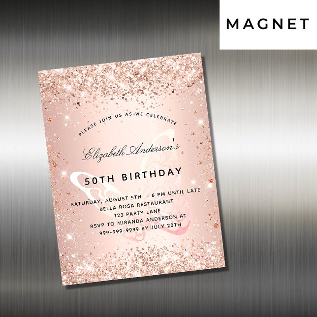 Birthday rose gold butterfly invitation magnet (Creator Uploaded)