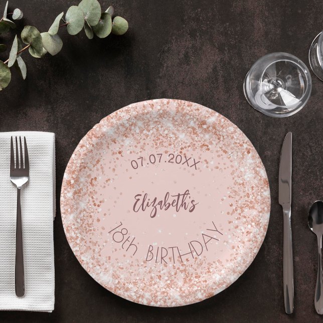 Birthday rose gold confetti girl name paper plate (Creator Uploaded)