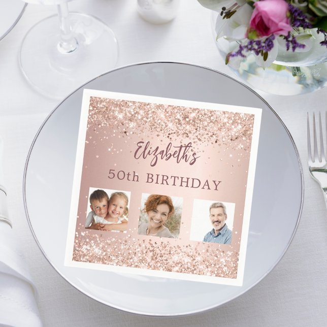 Birthday rose gold confetti photo napkin (Creator Uploaded)