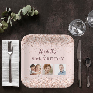 Birthday rose gold confetti photo paper plate