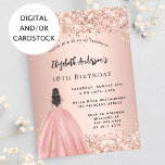 Birthday rose gold confetti princess dress invitation<br><div class="desc">A modern,  stylish and glamourous invitation for a 18th (or any age) birthday party.  A rose gold background with confetti,  a girl wearing a ball gown.  The name is written with a modern hand lettered style script.  Personalise and add your party details.</div>
