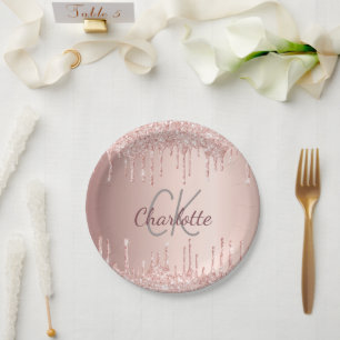 Birthday rose gold drips monogram luxury paper plate