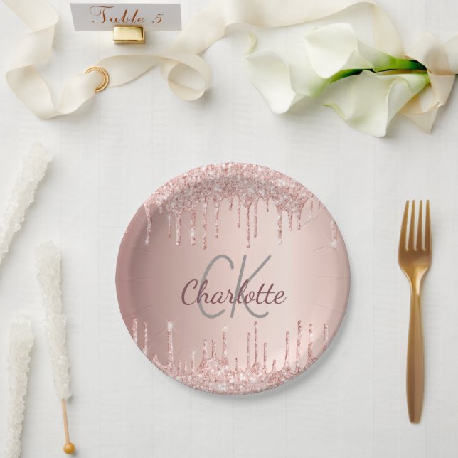 Birthday rose gold drips monogram luxury paper plate (Wedding)