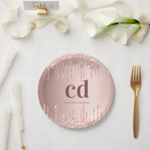 Birthday rose gold drips monogram paper plate