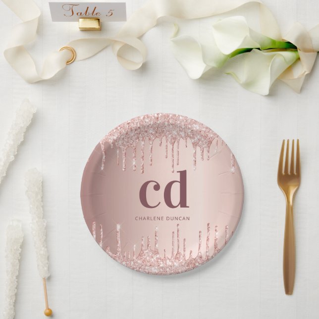 Birthday rose gold drips monogram paper plate (Wedding)