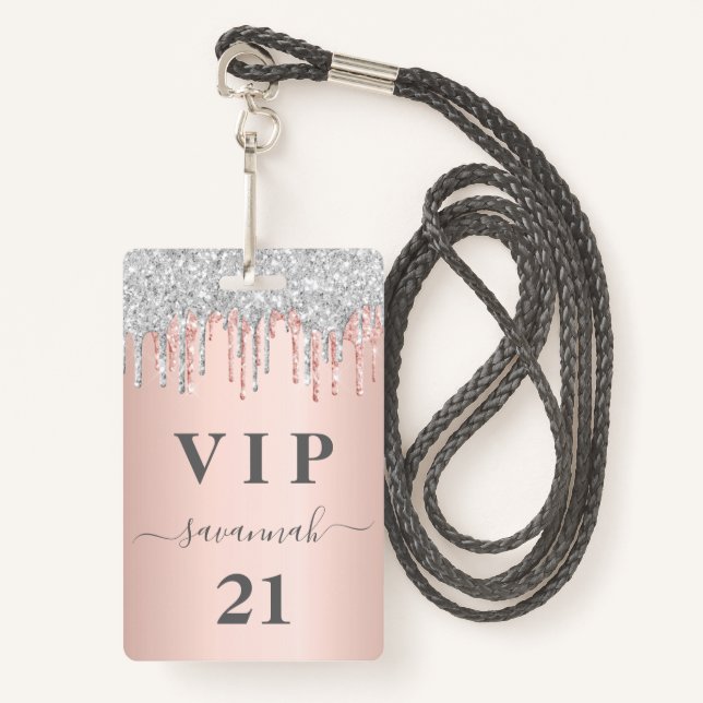 Birthday rose gold drips pink silver vip ID badge (Front with Lanyard)