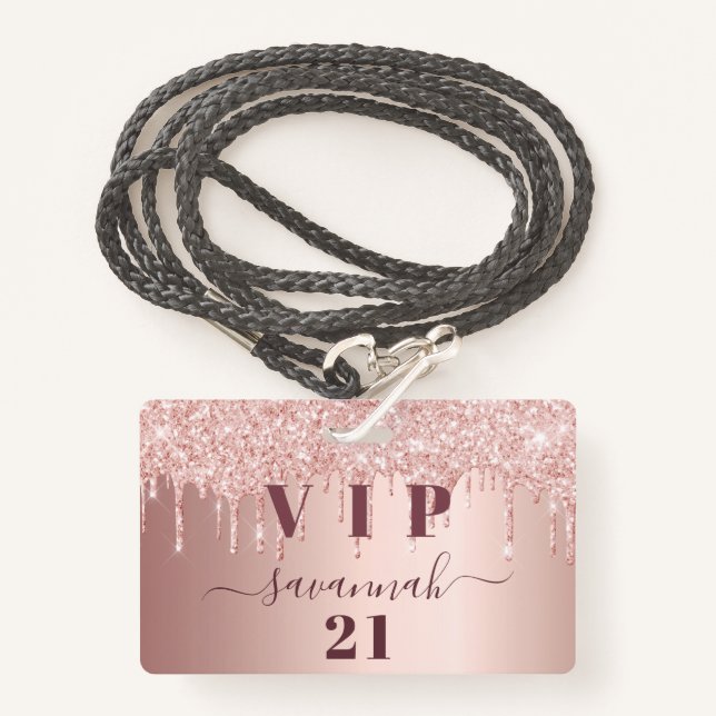 Birthday rose gold drips pink vip  ID badge (Front with Lanyard)