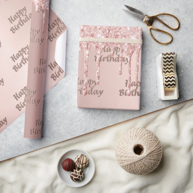 Birthday rose gold drips pink wrapping paper (Crafts)