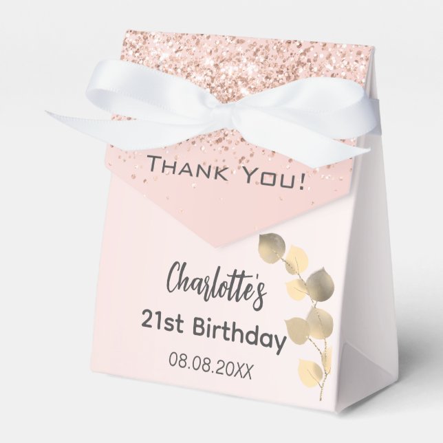Birthday rose gold eucalyptus glitter thank you favour box (Front Side)