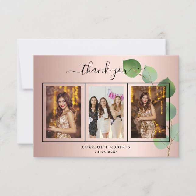 Birthday rose gold eucalyptus photo thank you card (Front)