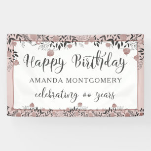Birthday Rose Gold Floral Chic Script Banner