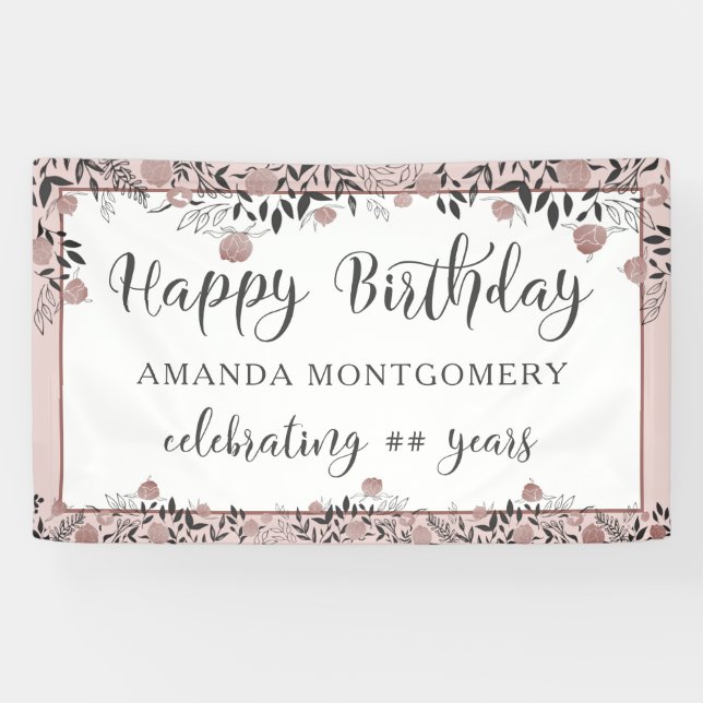 Birthday Rose Gold Floral Chic Script Banner (Horizontal)
