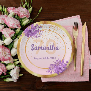 Birthday rose gold floral elegant name paper plate