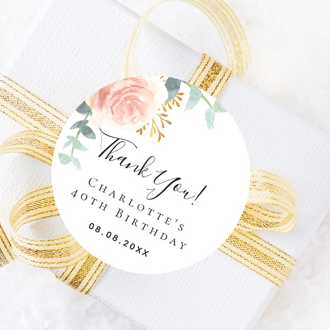 Birthday rose gold floral eucalyptus thank you  classic round sticker (Creator Uploaded)