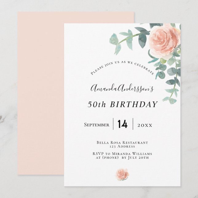 Birthday rose gold floral geenery white elegant invitation (Front/Back)