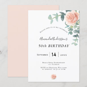 Birthday rose gold floral geenery white elegant invitation