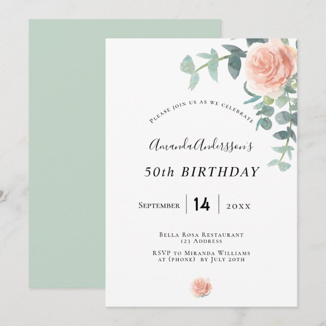 Birthday rose gold floral geenery white elegant invitation (Front/Back)
