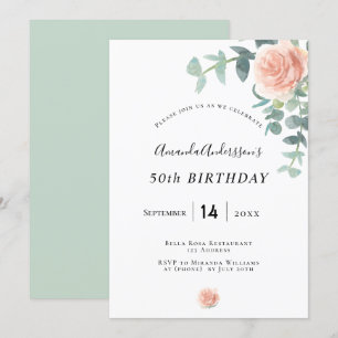 Birthday rose gold floral geenery white elegant invitation
