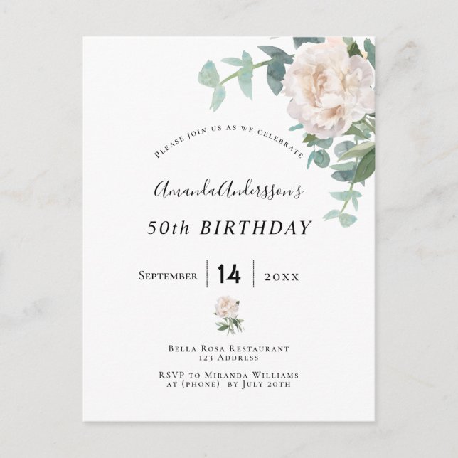 Birthday rose gold floral whitegreenery elegant postcard (Front)