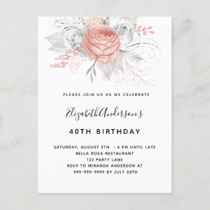 Birthday rose gold florals elegant white invitation postcard