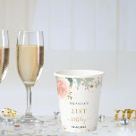 Birthday rose gold florals eucalyptus glitter name paper cups<br><div class="desc">For an elegant 21st (or any age) birthday party.  A chic white background. Decorated with rose gold and blush pink florals,  flowers (roses)and green watercolored eucalyptus leaves,  sprigs,  greenery and faux gold sprigs. Golden glitter dust. Personalise and add a name,  age and a date. Black and golden letters.</div>