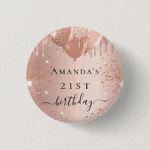 Birthday rose gold glitter balloons glam 3 cm round badge