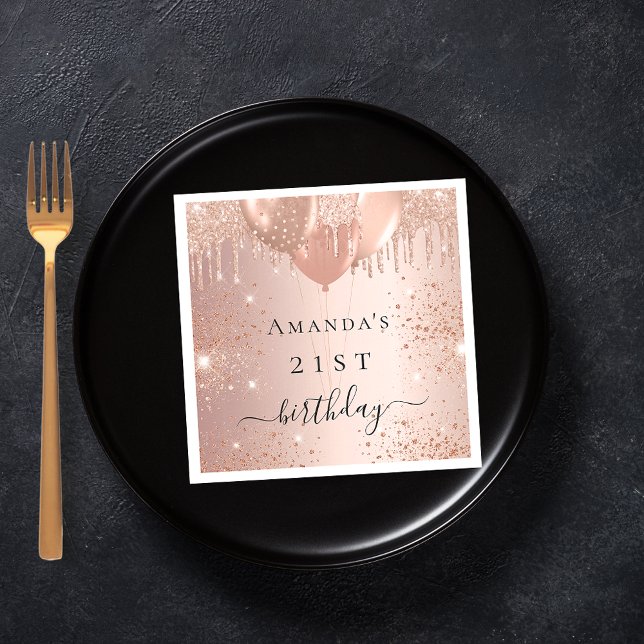 Birthday rose gold glitter balloons glam napkin (Creator Uploaded)