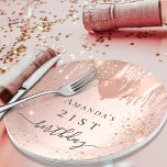 Birthday rose gold glitter balloons glam paper plate<br><div class="desc">For an elegant 21st (or any age) birthday party. A rose gold faux metallic looking background. Decorated with rose gold,  pink faux glitter drips,  paint dripping look, glitter drops and balloons.  Personalise and add the name and age 21.</div>