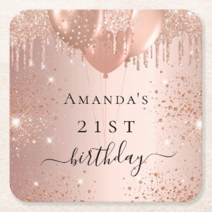 Birthday rose gold glitter balloons glam square paper coaster