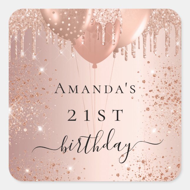 Birthday rose gold glitter balloons glam square sticker (Front)