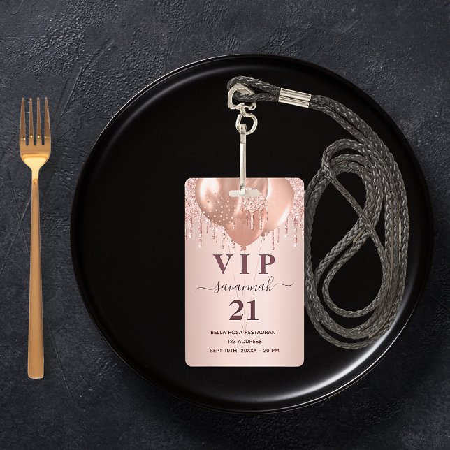 Birthday rose gold glitter balloons vip invitation ID badge (Creator Uploaded)
