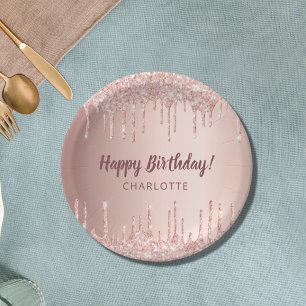 Birthday rose gold glitter drip monogram luxury paper plate