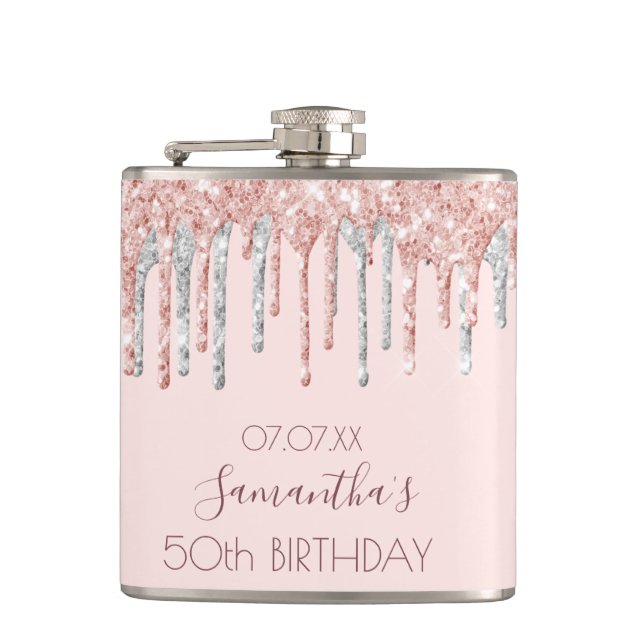 Birthday rose gold glitter dripping silver friends hip flask (Front)