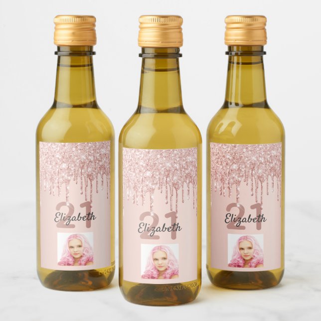 Birthday rose gold glitter drips blush photo wine label (Bottles)