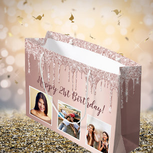 Birthday rose gold glitter drips custom photo large gift bag