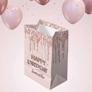 Birthday rose gold glitter drips monogram luxury medium gift bag