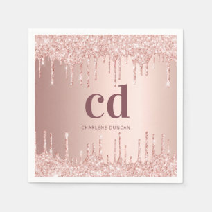 Birthday rose gold glitter drips monogram name napkin