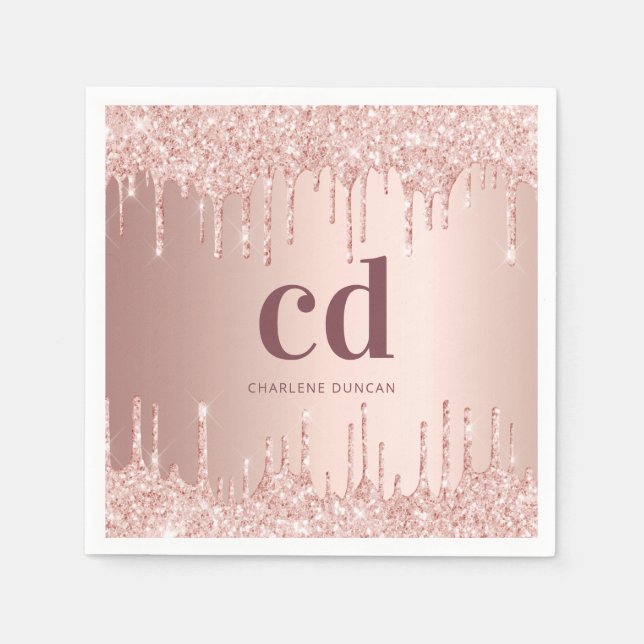 Birthday rose gold glitter drips monogram name napkin (Front)
